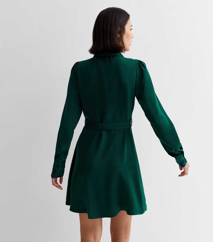 slim fit dress slacks Threadbare Women's Khaki Green Cotton Poplin V Neck Open Collar Shirt Dress  With Tie Belt