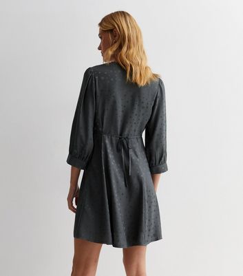 Dark Grey Spot Satin Jacquard V Neck Mini Dress New Look