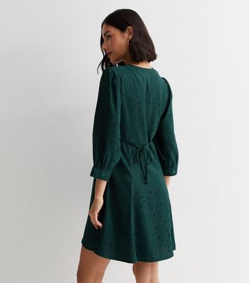 Dark Green Spot Satin Jacquard V Neck Mini Dress New Look