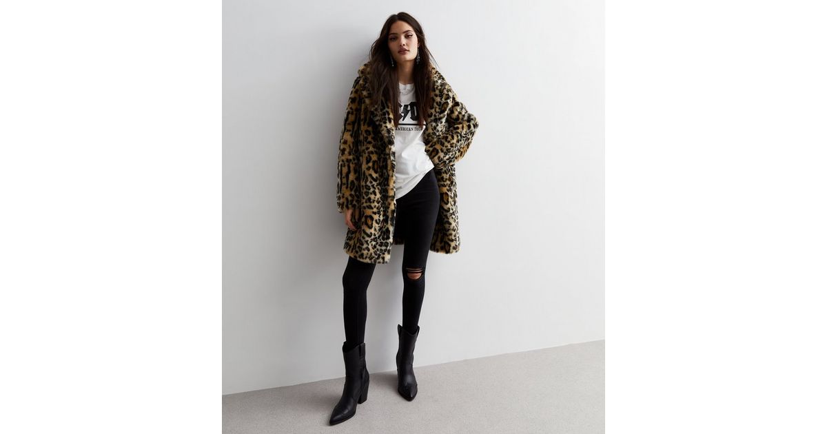 Mid-Length Brown Leopard Print Faux Fur Men's Winter Coat with Lapel Collar