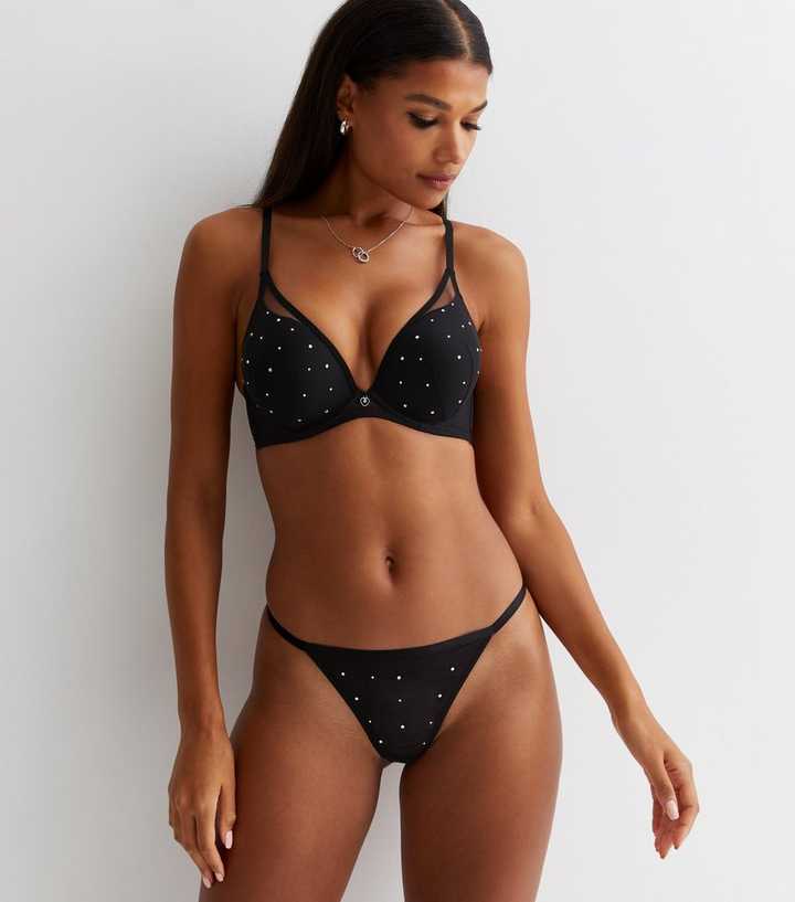 Black Mesh Diamanté Thong