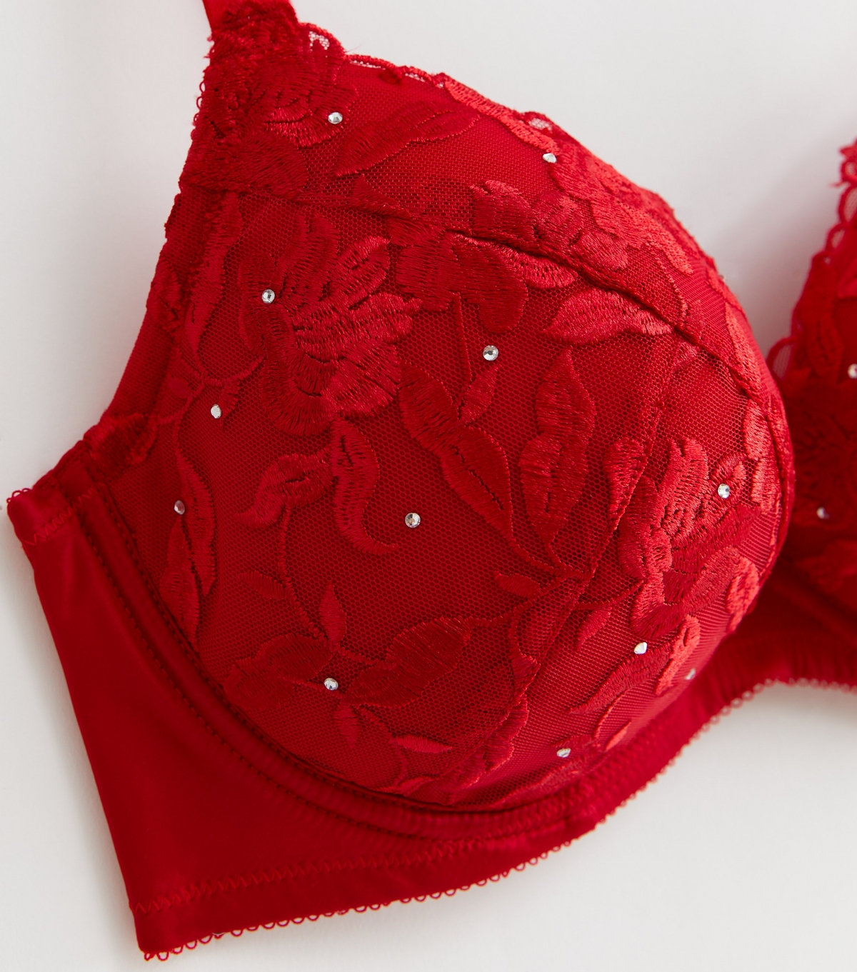 Women's Red Floral Lace Diamanté Plunge Bra New Look