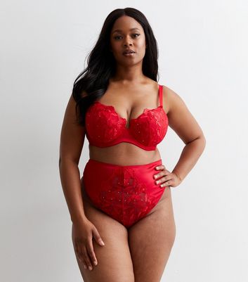 Curves Red Floral Embroidered Diamanté Plunge Bra