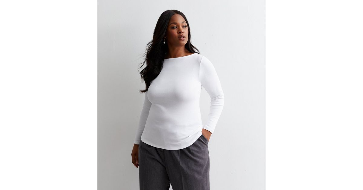 Curves White Ribbed Slash Neck Top | New Look