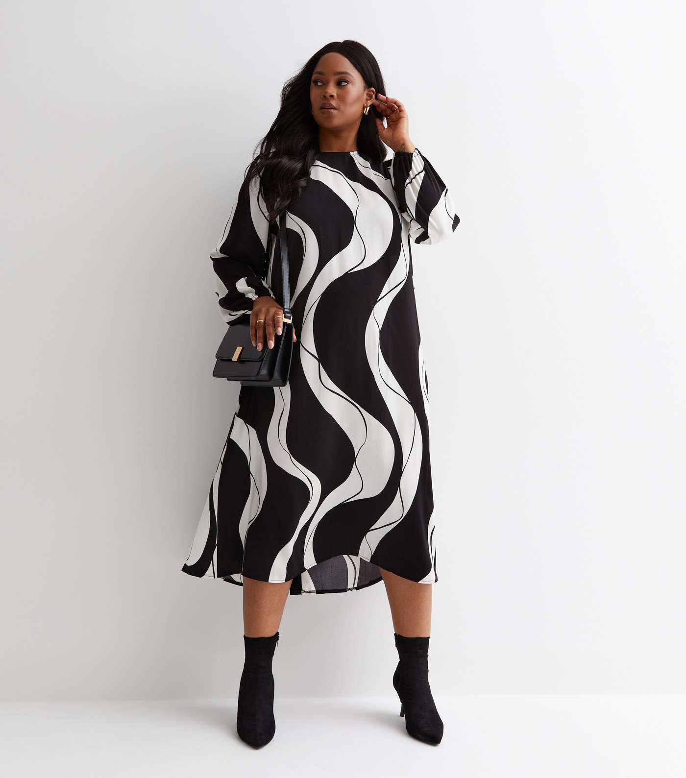 Dress Wave Machine Curves Wave Print Satin Midi Dress | New Look