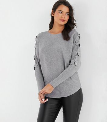 QUIZ Pale Grey Knit Diamant Bow Jumper New Look