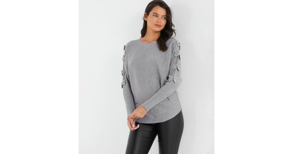 QUIZ Pale Grey Knit Diamanté Bow Jumper New Look