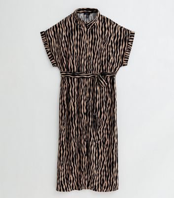 Curves Brown Abstract Stripe Belted Midi Shirt Dress New Look