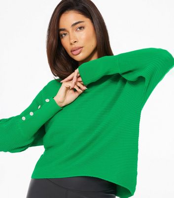 QUIZ Green Ribbed Knit Diamante Button Jumper New Look