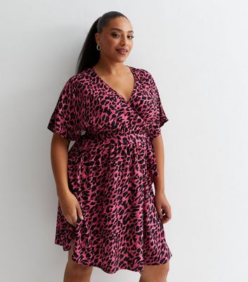 Curves Pink Leopard Print Wrap Mini Dress New Look