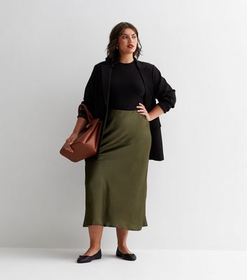 Curves Khaki Satin Midi Skirt New Look