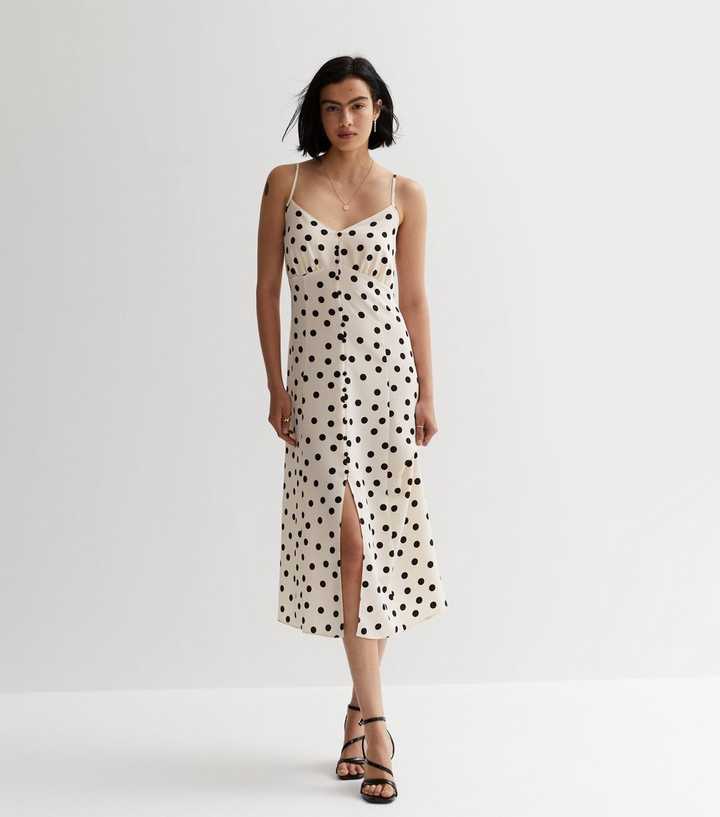 Off White Spot Button Strappy Midi Dress