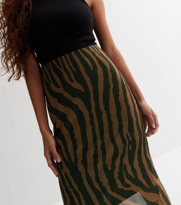 Petite Brown Tiger Print Mesh Midaxi Skirt New Look
