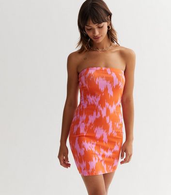 Orange Abstract Jersey Bandeau Mini Dress New Look