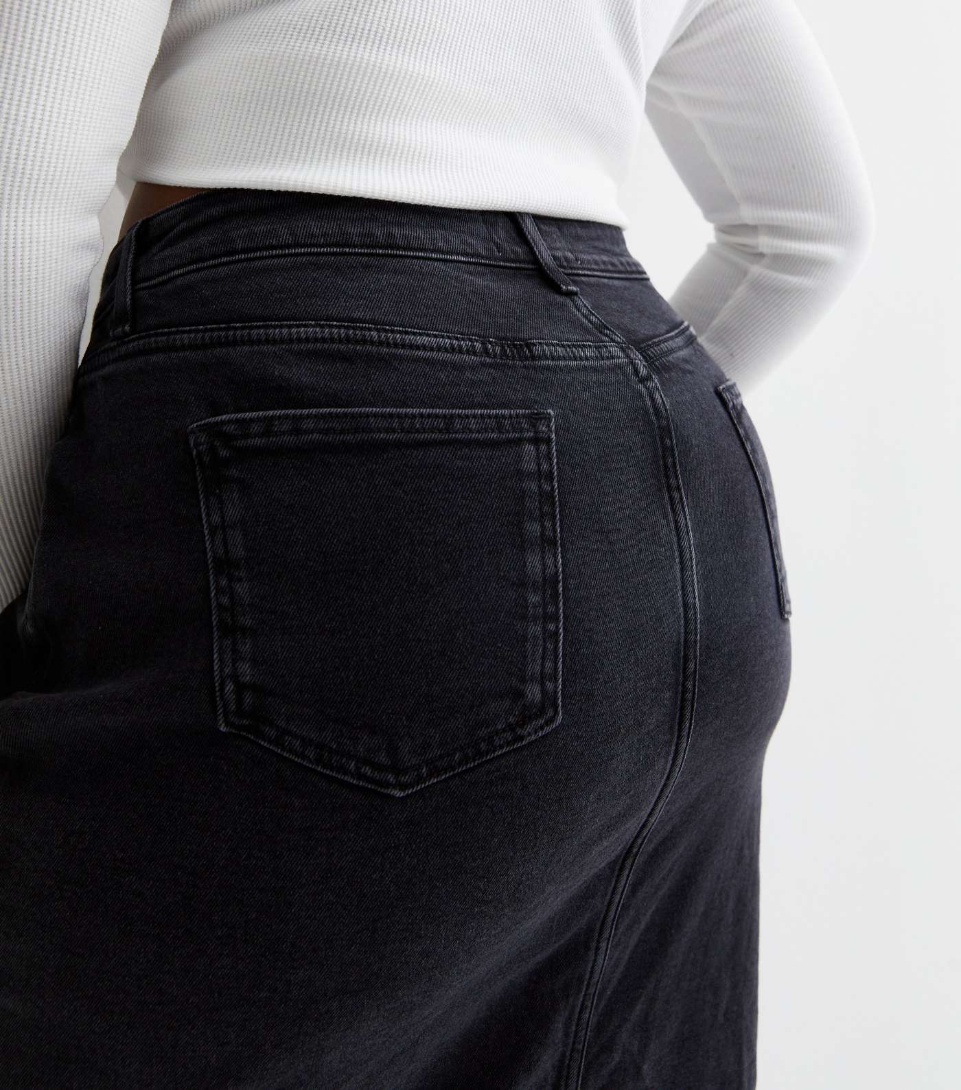 Curves Black Denim Split Hem Maxi Skirt Image 2