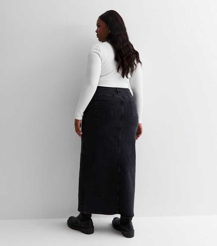 Curves Black Denim Split Hem Maxi Skirt