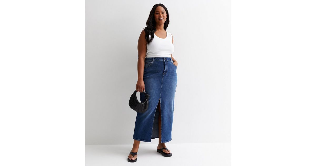 Curves Blue Denim Split Hem Maxi Skirt | New Look