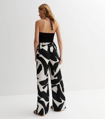 Black Abstract Print Satin Wide Leg Trousers | New Look
