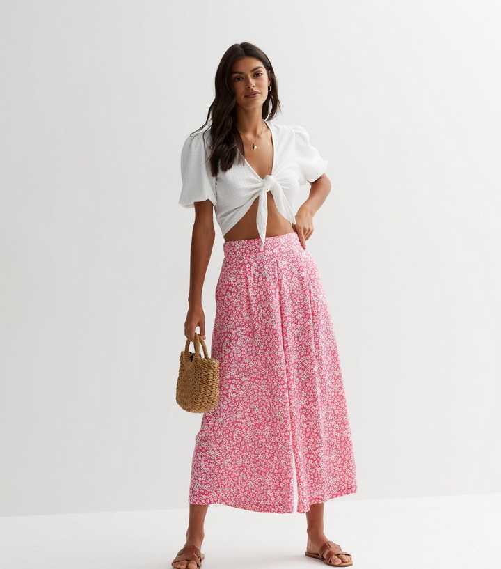 Pink Floral Wide Leg Crop Trousers