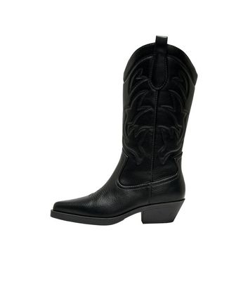 ONLY Black Leather-Look Block Heel Cowboy Boots New Look