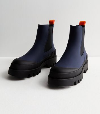 ONLY Navy Leather Look Cleated Chelsea Boots New Look