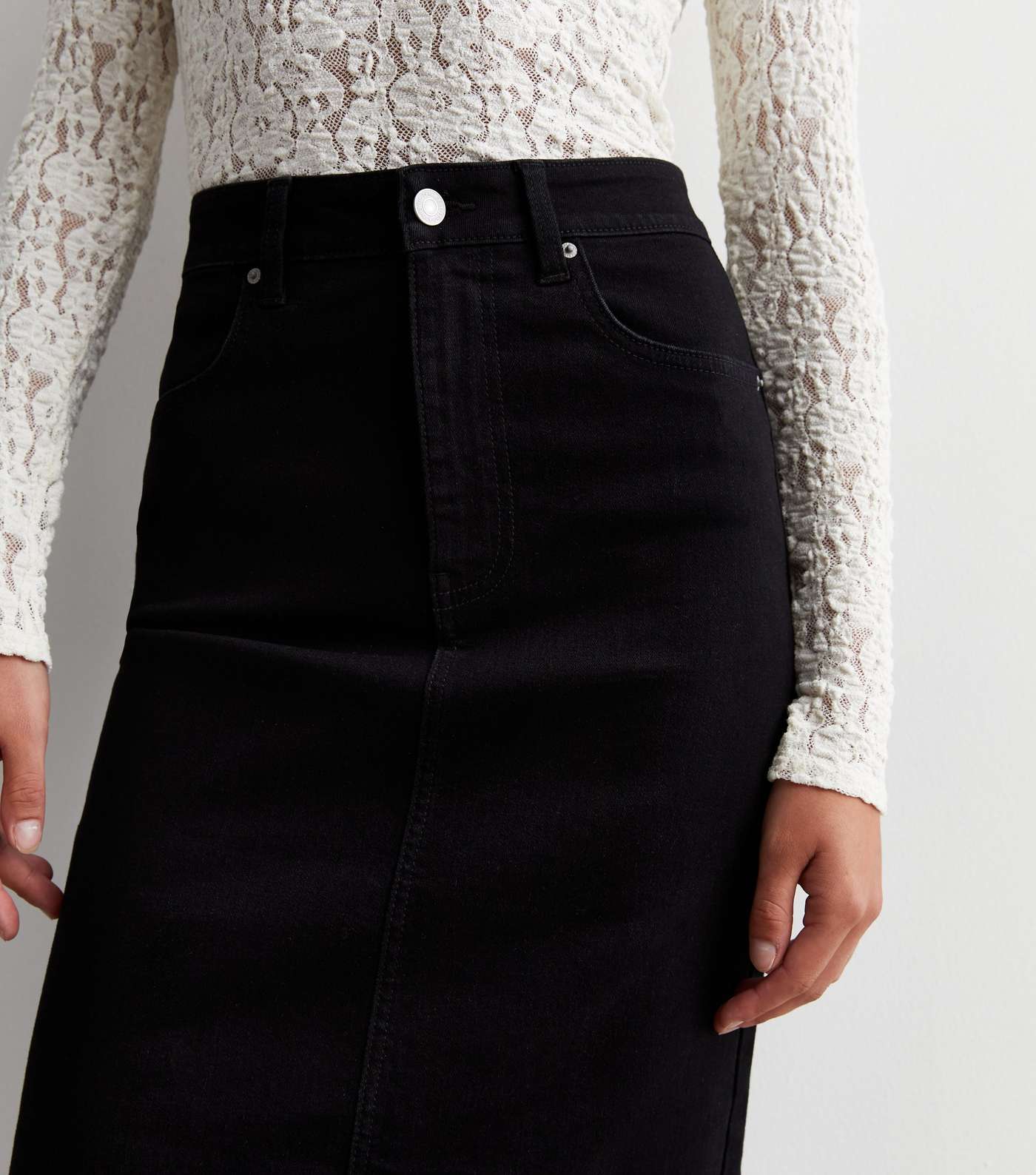 Black Split Hem Denim Midi Skirt Image 3