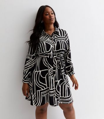 Curves Black Stripe Belted Mini Shirt Dress New Look