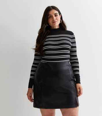 Curves Black Leather-Look Split Hem Mini Skirt
