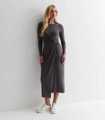 Pale Grey Ribbed Twist Front Midi Dress
