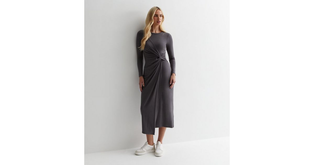 Pale Grey Ribbed Twist Front Midaxi Dress | New Look