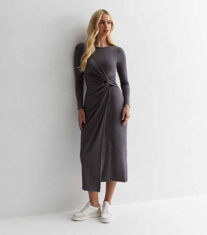 Petite Ribbed Twist Front Midi Dress