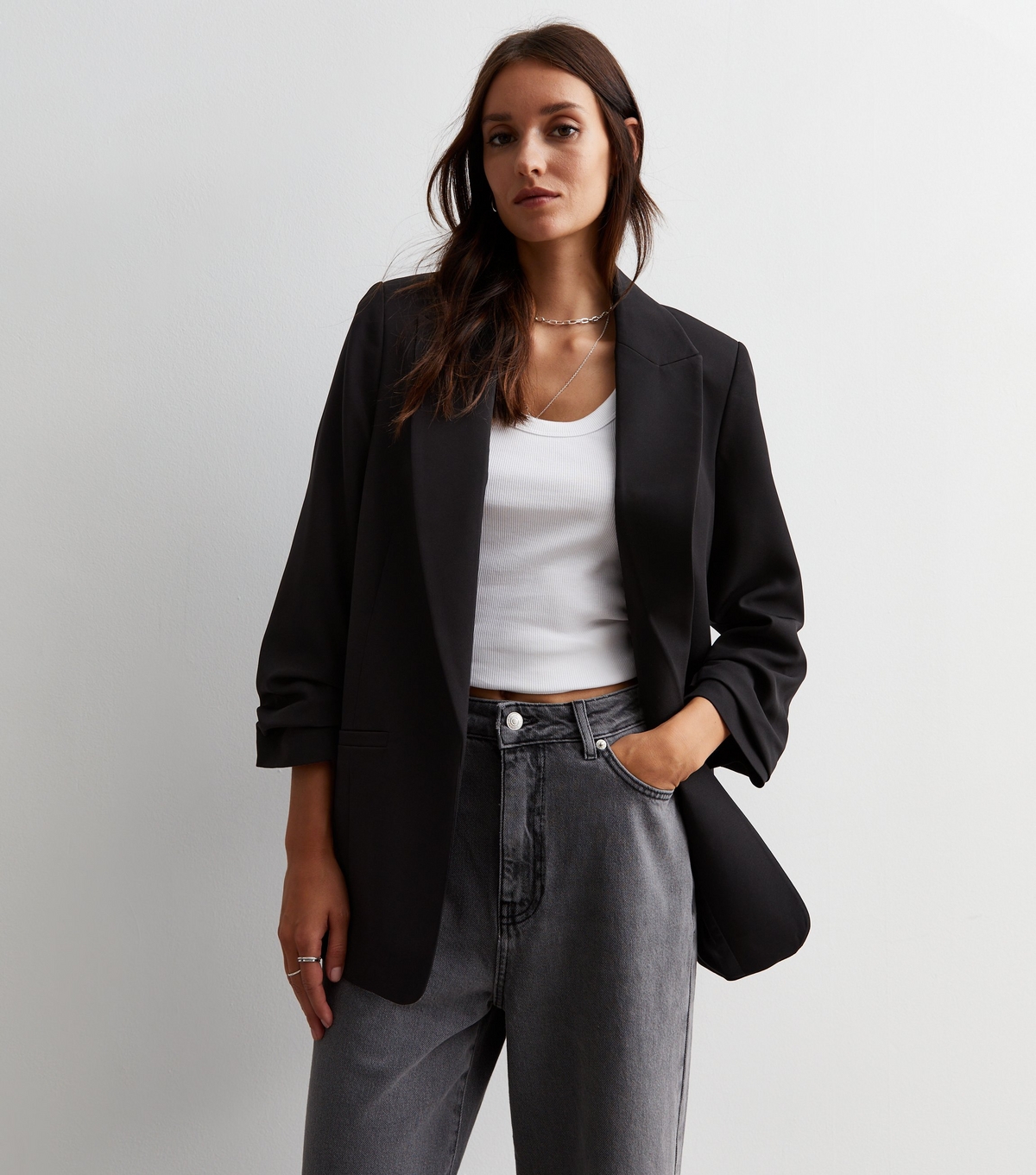 Women's Black Ruched Sleeve Oversized Blazer New Look