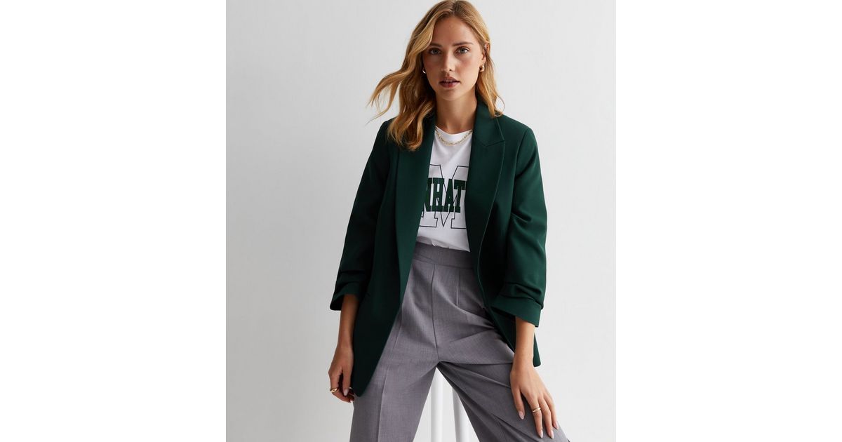 Dark Green Ruched Sleeve Oversized Blazer | New Look