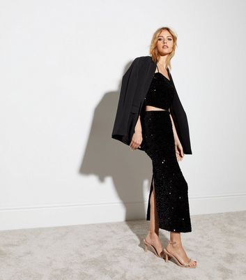 Black Velvet Sequin Midaxi Skirt New Look