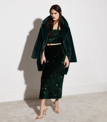 Dark Green Velvet Sequin Midaxi Skirt New Look