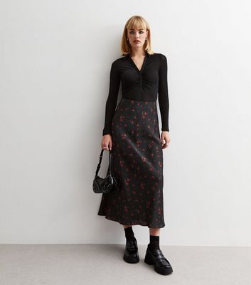 Black Rose Print Satin Bias Cut Midaxi Skirt New Look