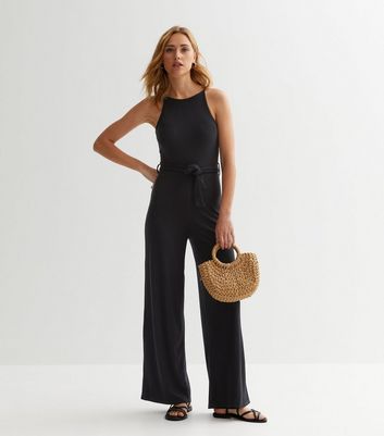 Black Ribbed Jersey Belted Racer Jumpsuit New Look