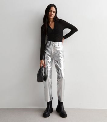 Silver Leather-Look Western Trousers New Look