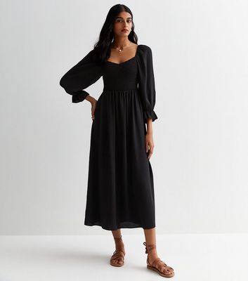 New look textured shirred deals midi dress in black