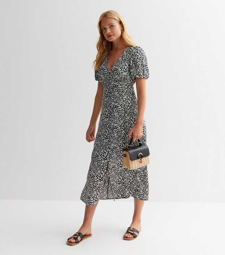 Black Ditsy Floral Empire Midi Dress, New Look