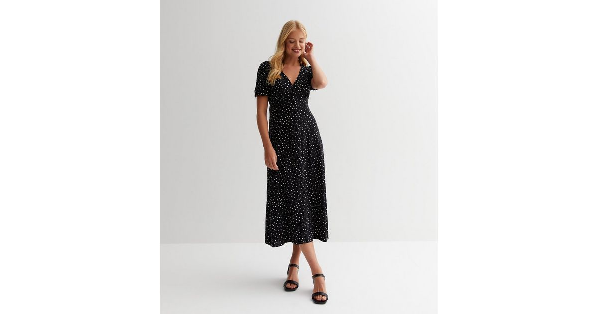 Black Spot Puff Sleeve Midaxi Dress | New Look
