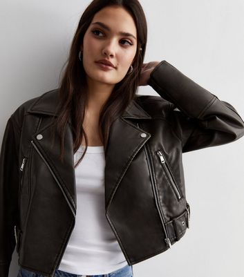 Dark Grey Leather-Look Crop Oversized Jacket New Look