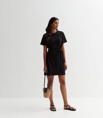 Black Cotton Belted Mini T Shirt Dress New Look