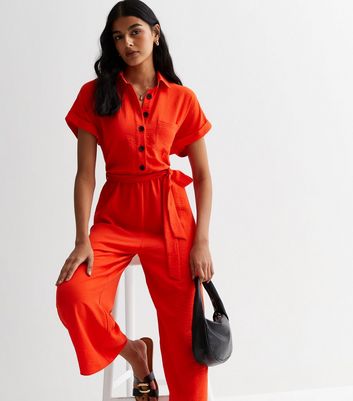 Red Utility Short Sleeve Belted Crop Jumpsuit New Look