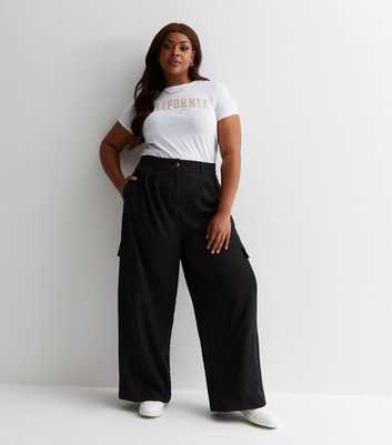 Curves Black Formal Wide Leg Cargo Trousers