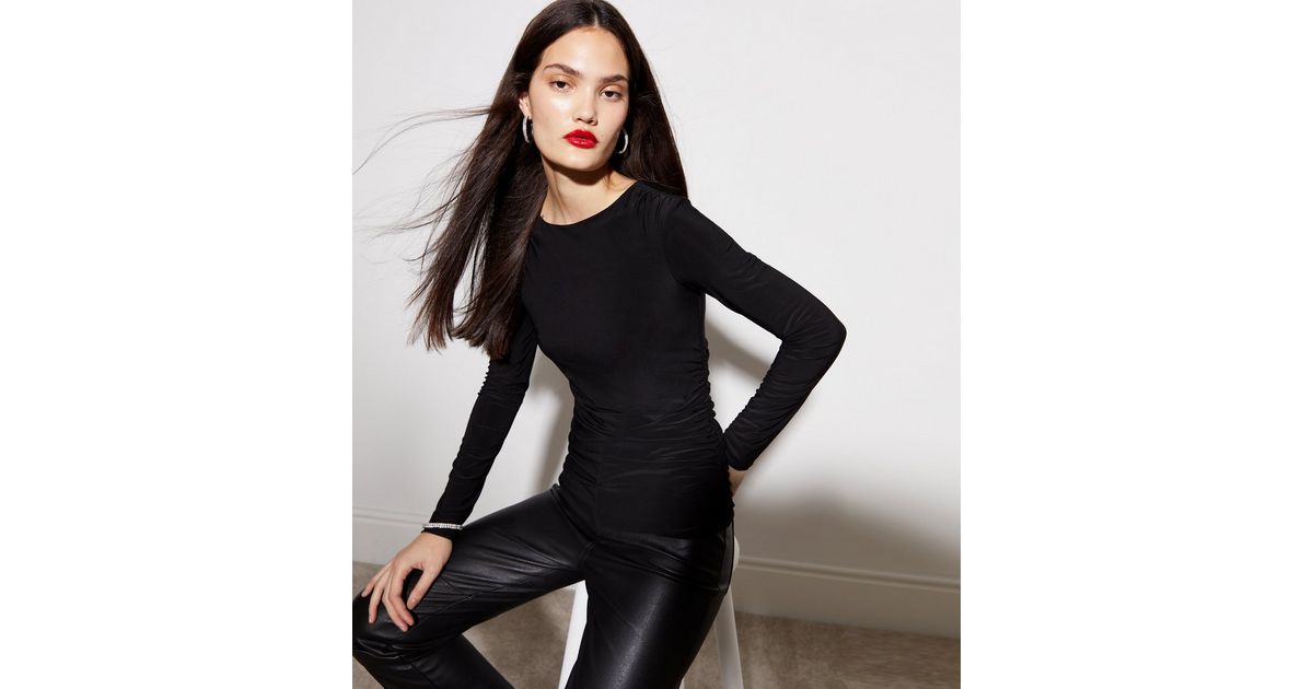 Long-Sleeve Top with Ruched Crossover Design - Black