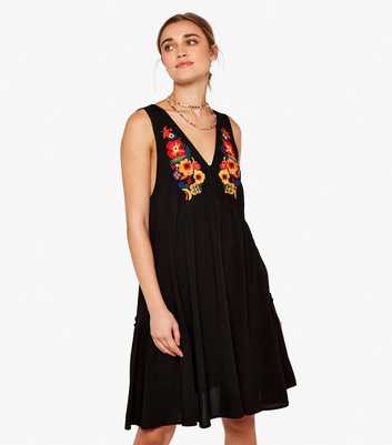Apricot Black Floral Embroidered Sleeveless Mini Dress