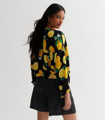 Black Lemon Print Tie Front Top | New Look