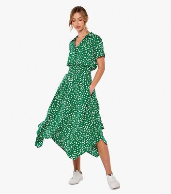 Apricot Green Spot Hanky Hem Midi Shirt Dress New Look