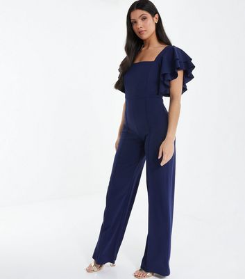 QUIZ Navy Ruffle Sleeve Wide Leg Jumpsuit | New Look